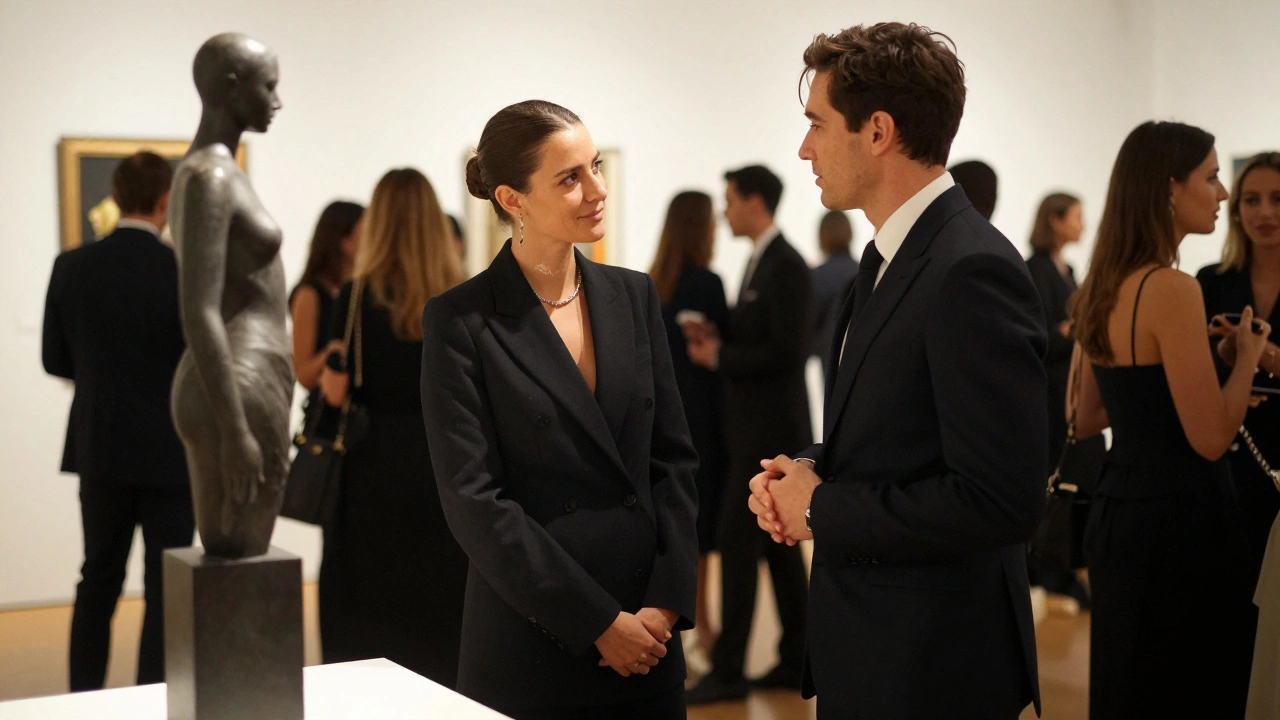 Dressed couple conversing at art gallery event