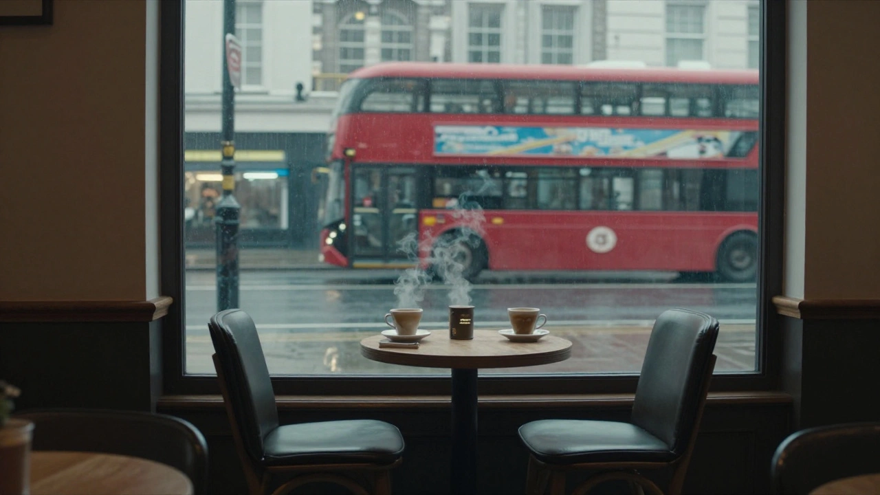 Empty cafe chairs with rain viewed through window