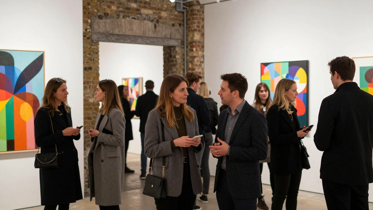 Guests networking at a modern art gallery opening in Shoreditch.