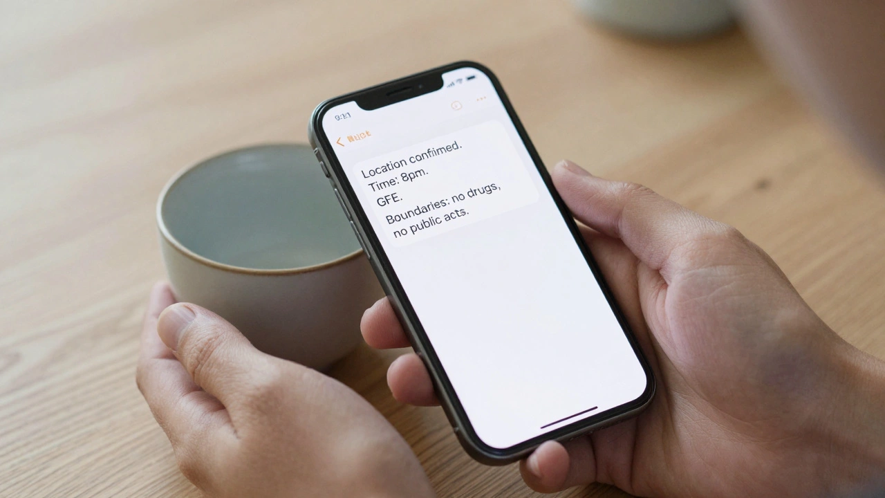 Hands holding a encrypted message and a teacup, symbolizing communication, boundaries, and calm before a professional escort session.