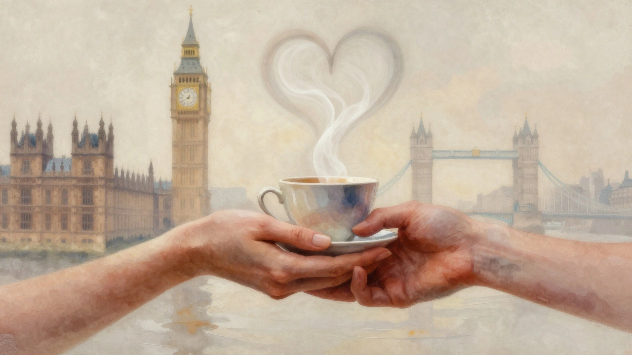 Interwoven hands hold a teacup, steam forming a heart, with faint London landmarks in watercolor background.