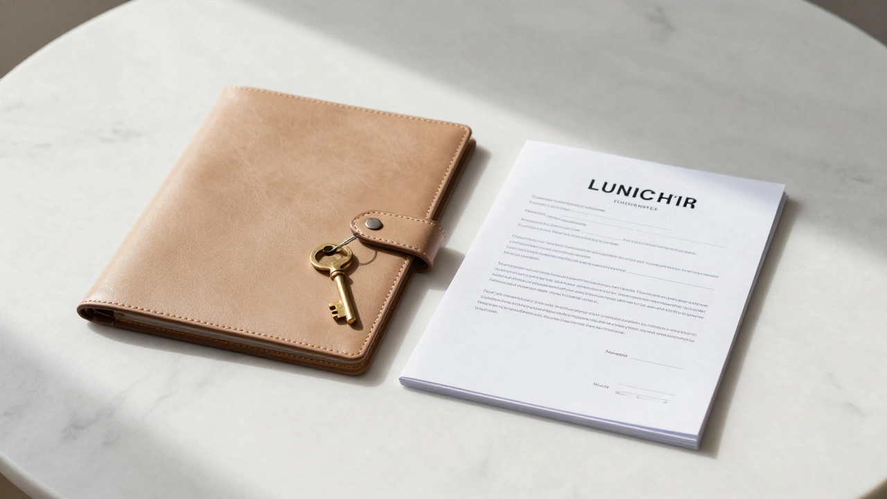 Leather portfolio and key on marble desk