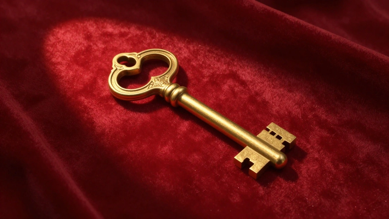 Ornate golden key on red velvet representing VIP access