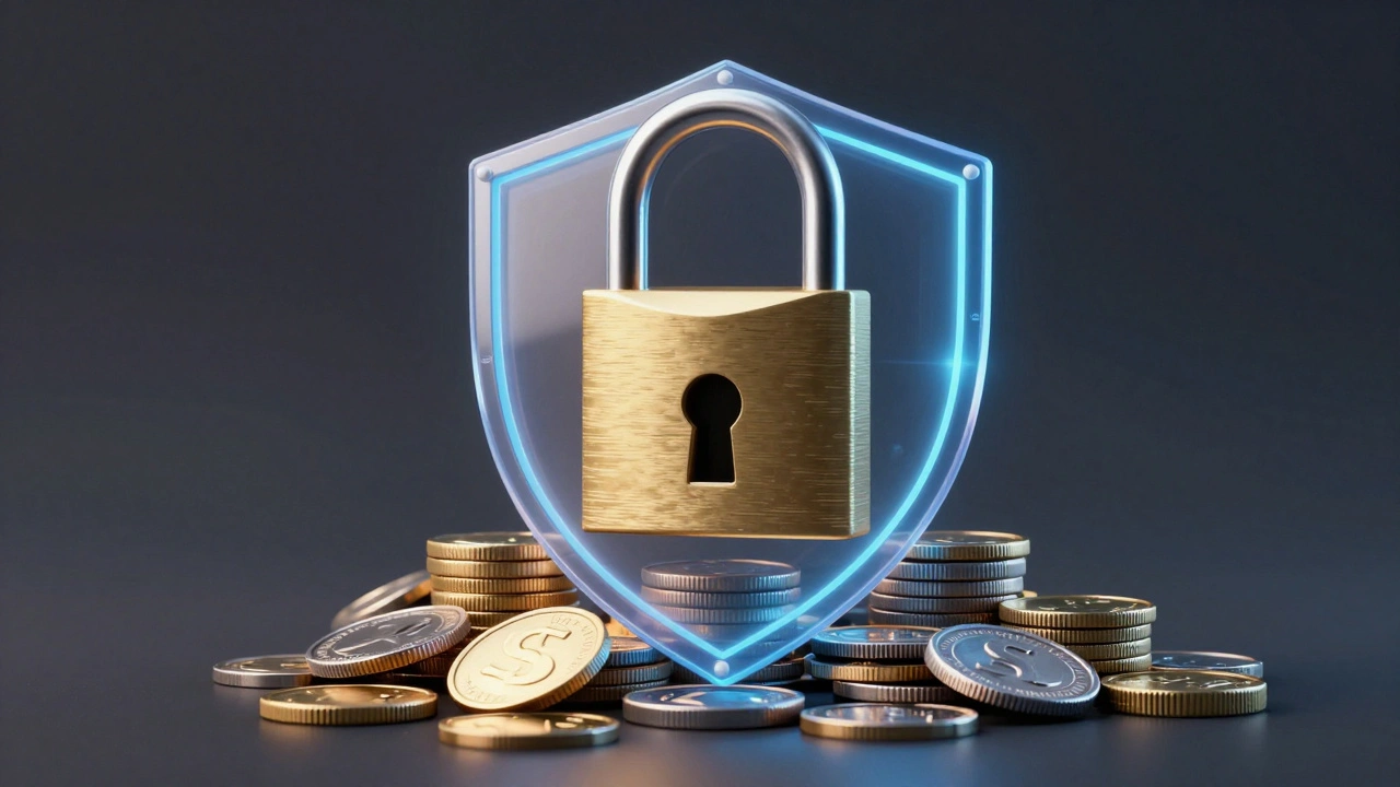 Padlock on coins with shield representing payment security