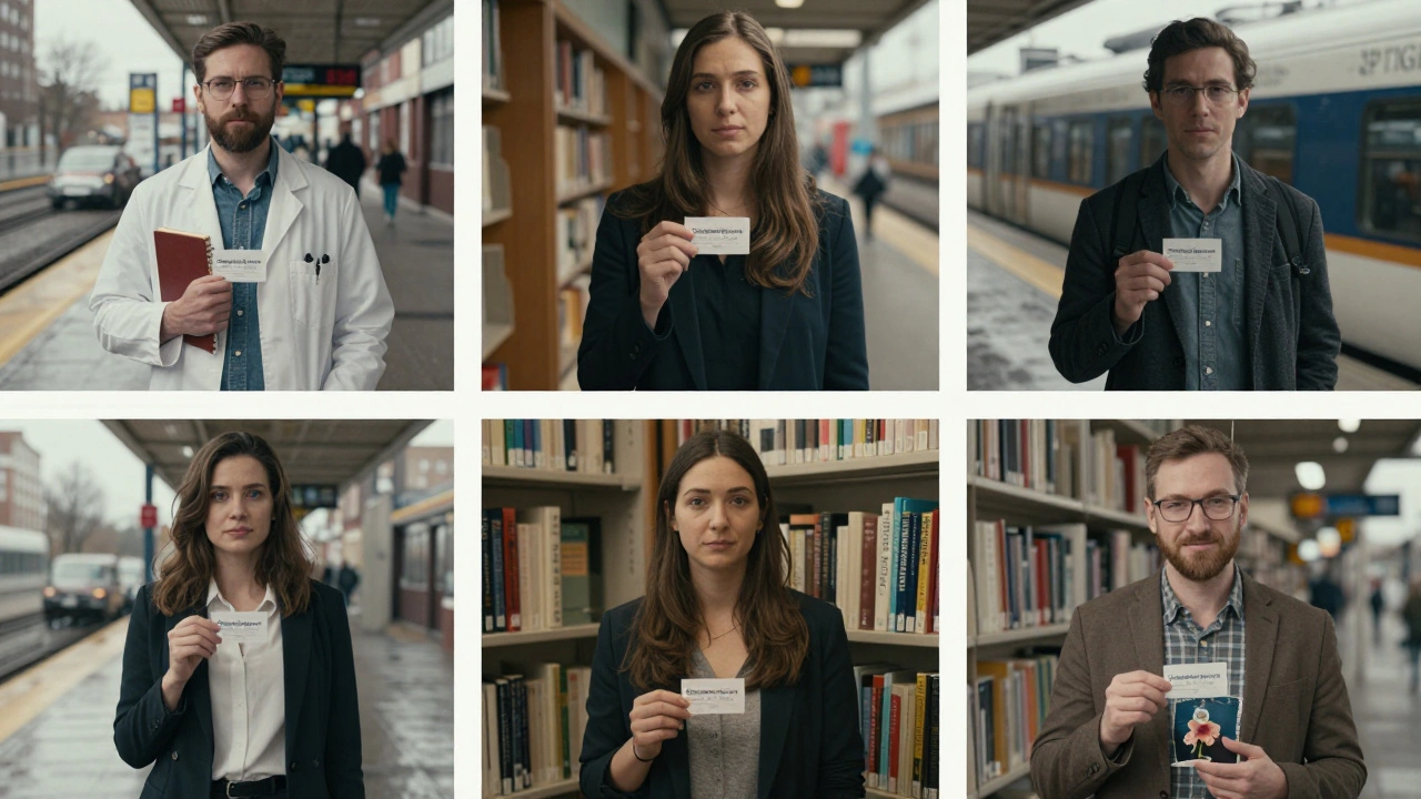 Professionals from different fields each hold a companion service card in quiet urban moments.