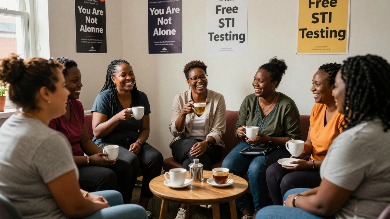 Sex workers sharing a quiet moment of connection and support in a community space.