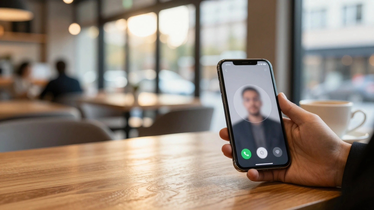 Smartphone video call on café table for safe initial contact