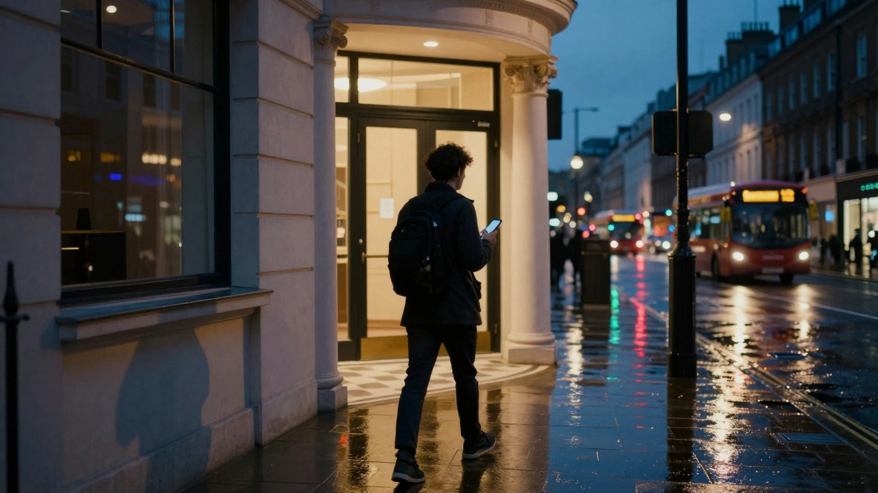 Someone walking away from a home in London at night, streetlights reflecting on wet pavement.