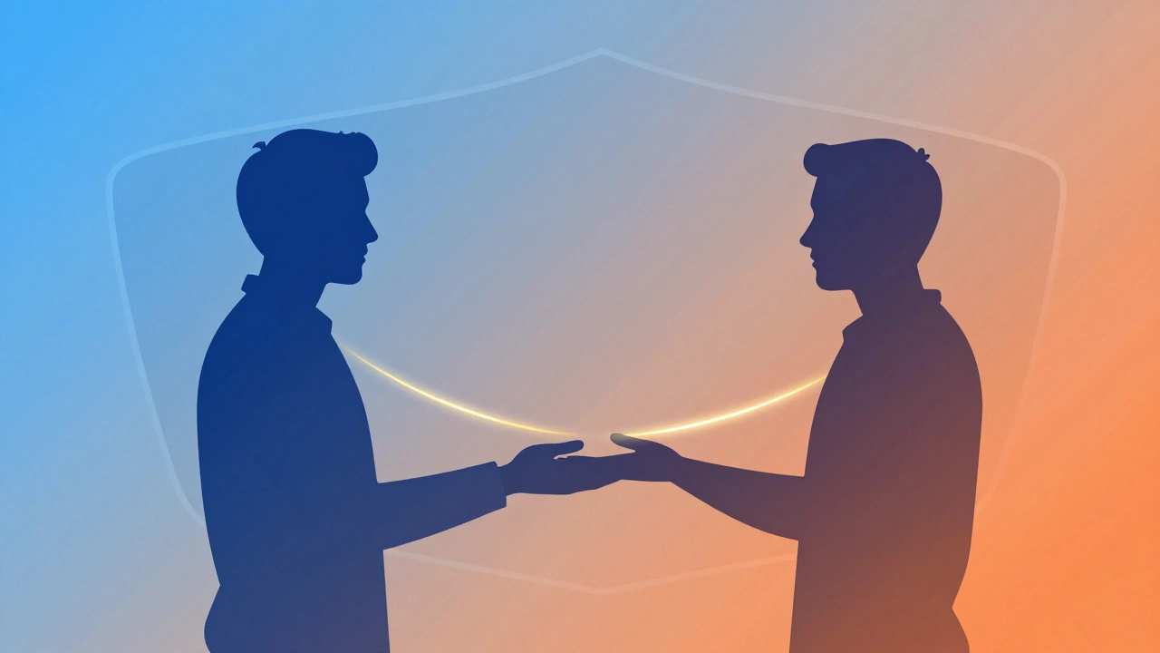 Stylized illustration of two silhouettes connecting hands softly.