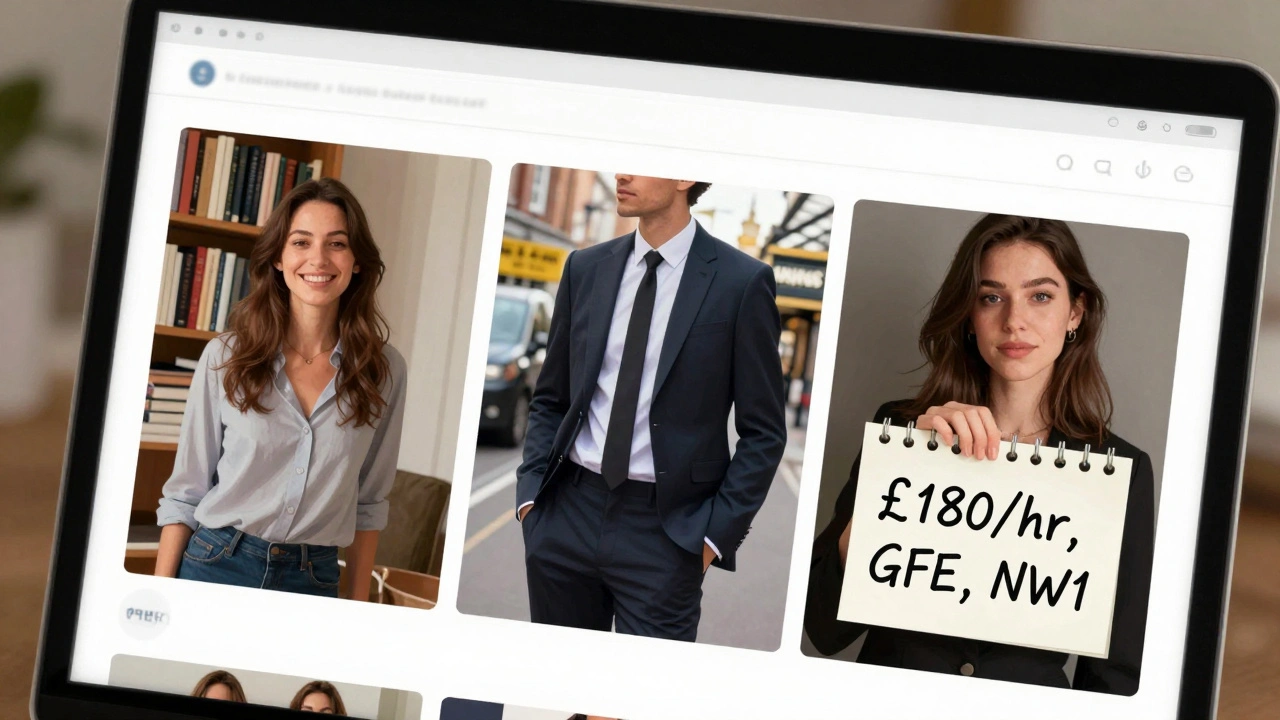 Three authentic escort profile photos displayed on a laptop screen, each reflecting unique personal details.