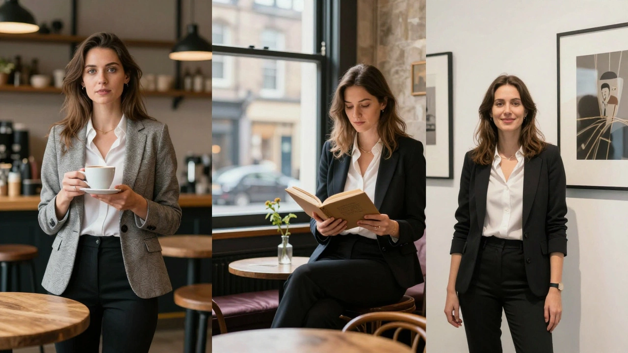 Three independent UK escorts in authentic professional settings—café, flat, gallery—showing personality and dignity.