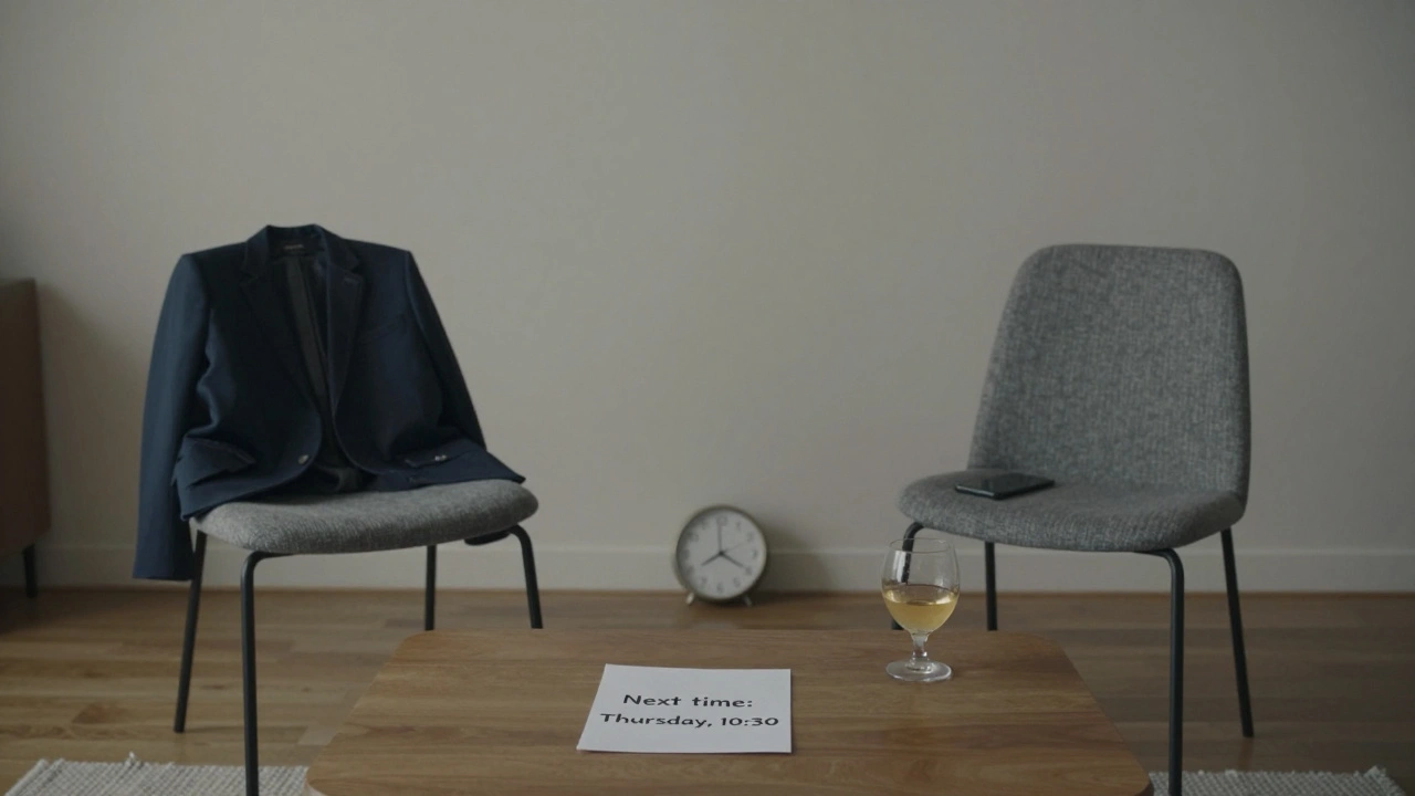 Two empty chairs with a scheduled meeting note on a coffee table, no people present.