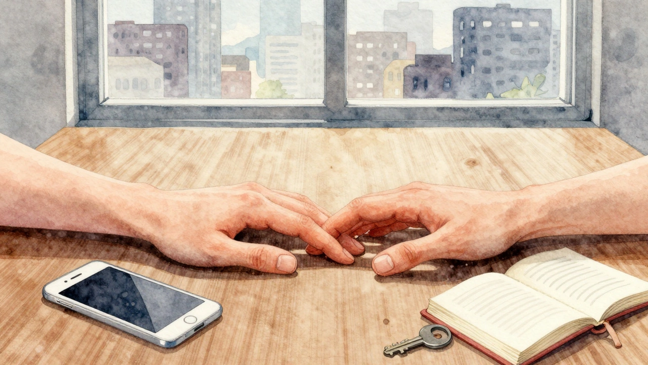 Two hands almost touching over a coffee table, surrounded by personal items in a muted watercolor style.