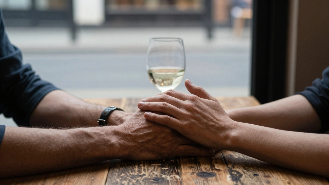 Two hands rest gently on a wooden table in a dim café, symbolizing emotional connection and silent understanding without faces shown.