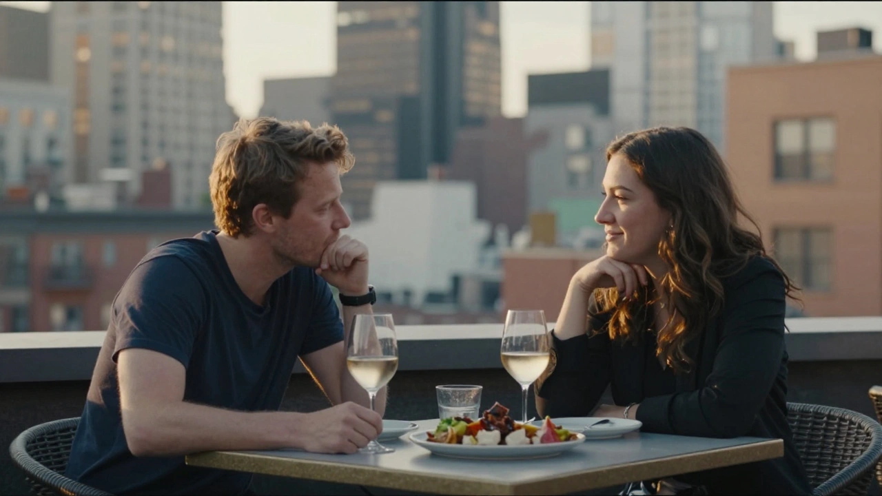 Two people seated at a rooftop bar in Chelsea, sharing a quiet moment during golden hour.