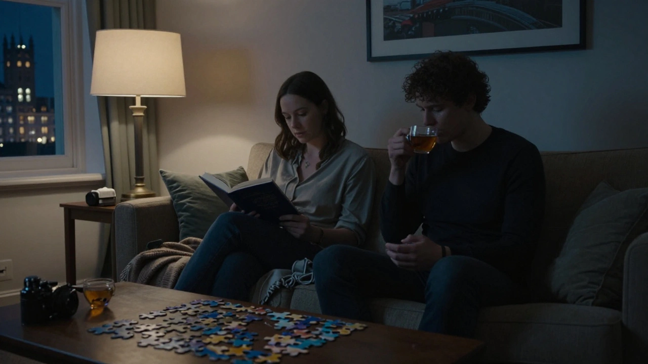 Two people sharing a quiet evening on a sofa, reading together and enjoying tea in a calm, intimate London home.